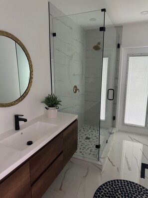 Hair dryer, towels, soap, shampoo