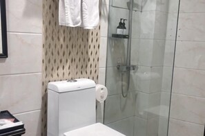 Ein modernes Badezimmer mit Duschkabine aus Glas, einer weißen Toilette und einem waschraumtypischen, gemusterten Duschvorhang.