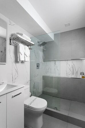 Căn hộ phong cách cổ điển | Phòng tắm | Máy sấy tóc, khăn tắm, giấy vệ sinh 