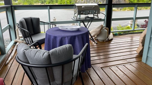Une terrasse en bois avec une table et des chaises, un barbecue et une vue sur une zone boisée.