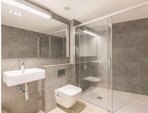 Hair dryer, towels, soap, toilet paper