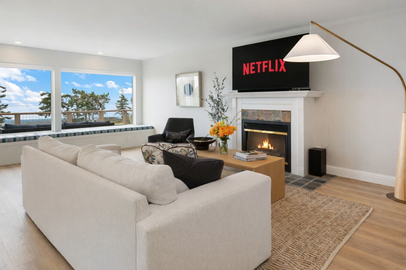 Smart TV, fireplace, books, music library