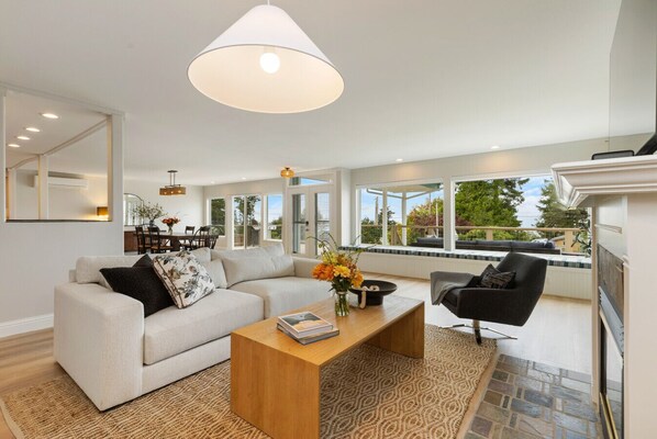 Smart TV, fireplace, books, music library