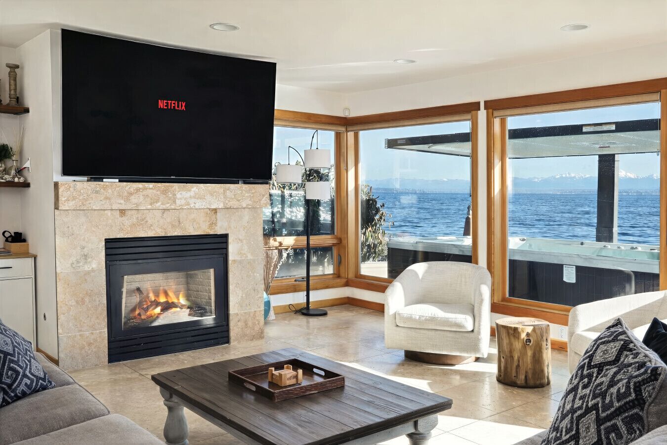 Smart TV, fireplace, books, music library