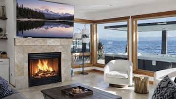 Smart TV, fireplace, books, music library