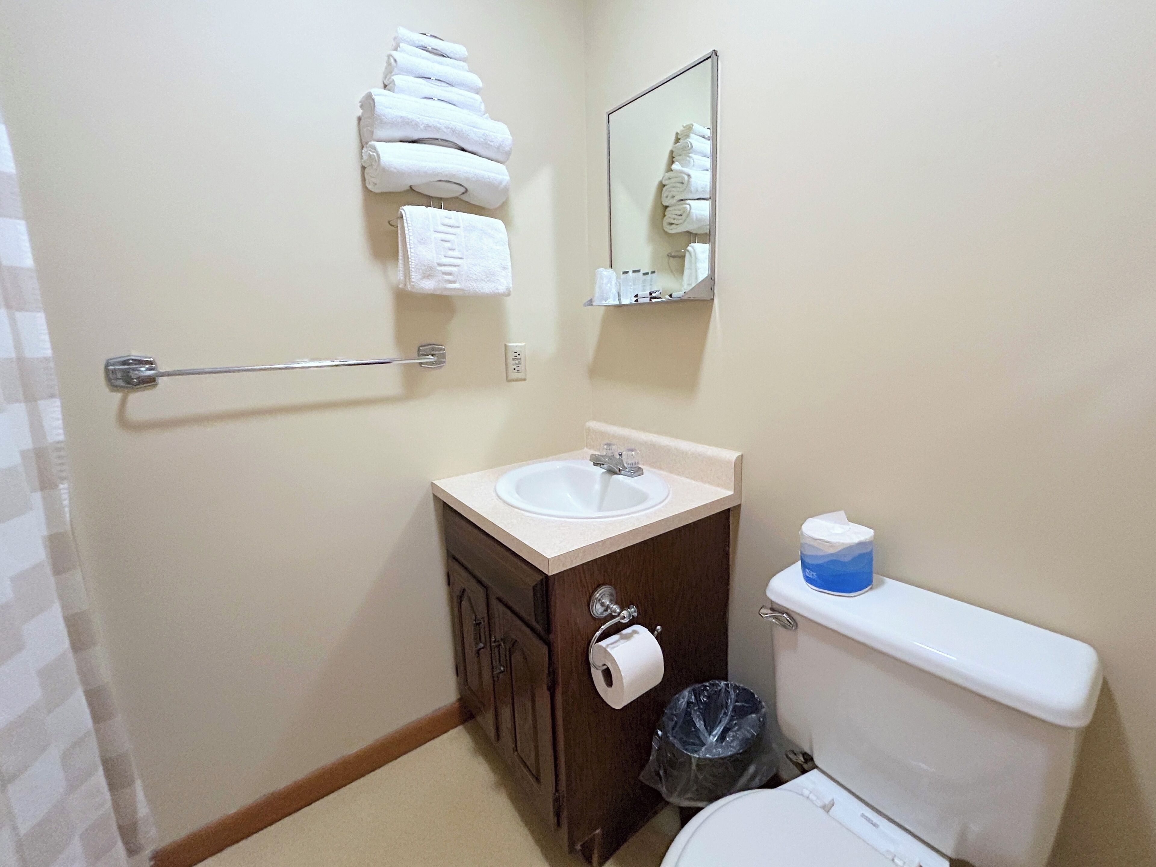 Un baño con lavamanos, espejo, toallero, inodoro y cubo de basura.