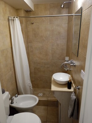 Hair dryer, bidet, towels, soap