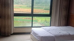 A bedroom with a large window, a bed, and curtains. - Xianju Stomping Songs Homestay (Xianju)