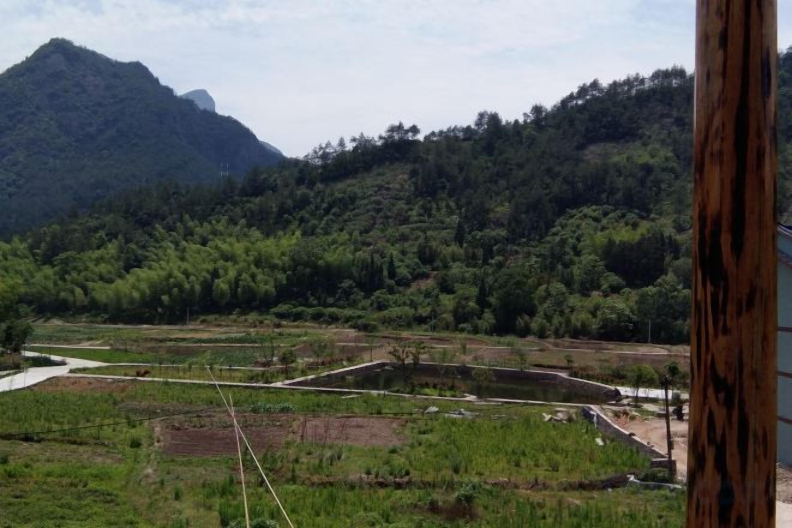 A view of a mountainous landscape with a river and terraced fields.