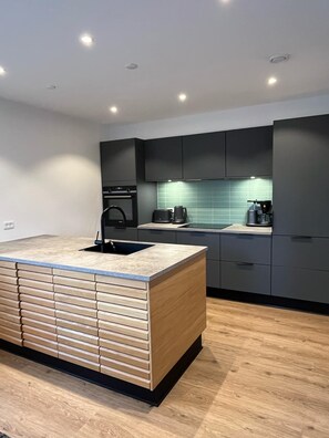 Apartment | Private kitchen | Full-size fridge, microwave, oven, stovetop