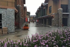 Una calle flanqueada por edificios, pavimento mojado y un macizo de flores al frente.