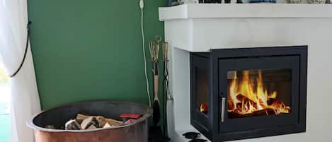 A living room with a fireplace, a green wall, and a copper firebox.