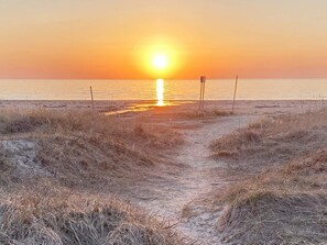 Un sentier qui longe la plage et mène à l’océan, avec un coucher de soleil en arrière-plan.
