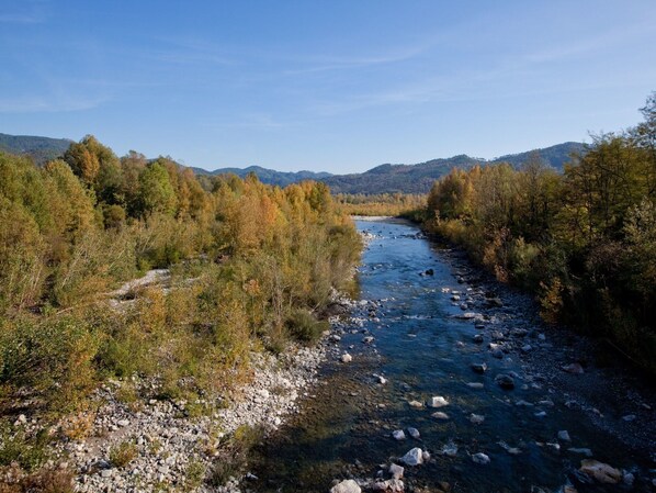 Un río serpentea por un valle boscoso, con orillas rocosas y colinas al fondo.