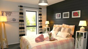 A bedroom with a bed, two bedside tables, a window with curtains, and wall-mounted artwork. - Royale on Cheese (Castle Hill)