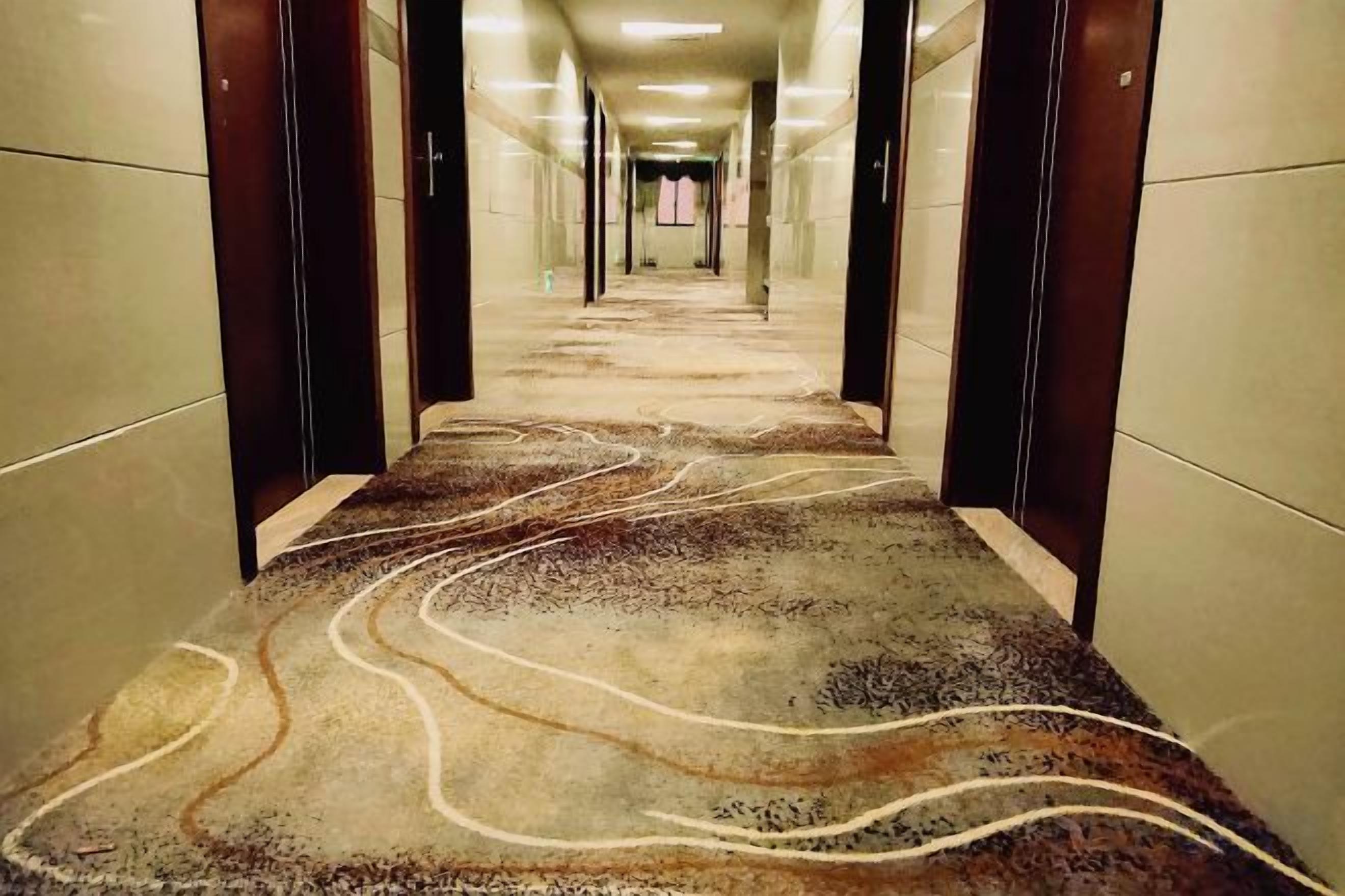 A carpeted hallway with a wavy pattern, leading to a door at the end.