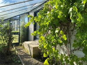 A greenhouse with a glass roof, a brick wall, and a small step leading to a door. - 4 Person Holiday Home in Hurup Thy (Hurup Thy)