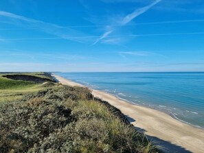 A coastal landscape with a sandy beach and grassy dunes. - 6 Person Holiday Home in Lokken (Lokken)