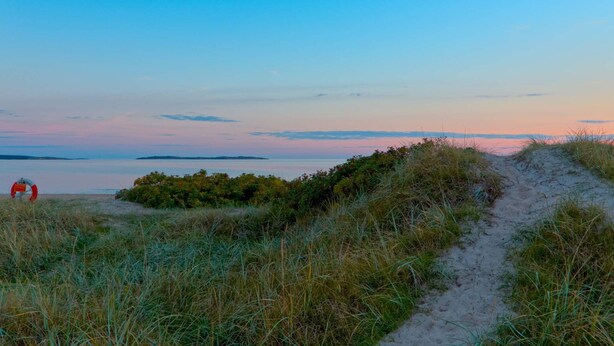 A beach path leading to the sea with a lifebuoy visible. - 6 Person Holiday Home in Skummeslovsstrand (Skummesloevsstrand)