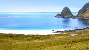 Eine Küstenlandschaft mit grüner Anlage und freiem Blick auf das Meer.