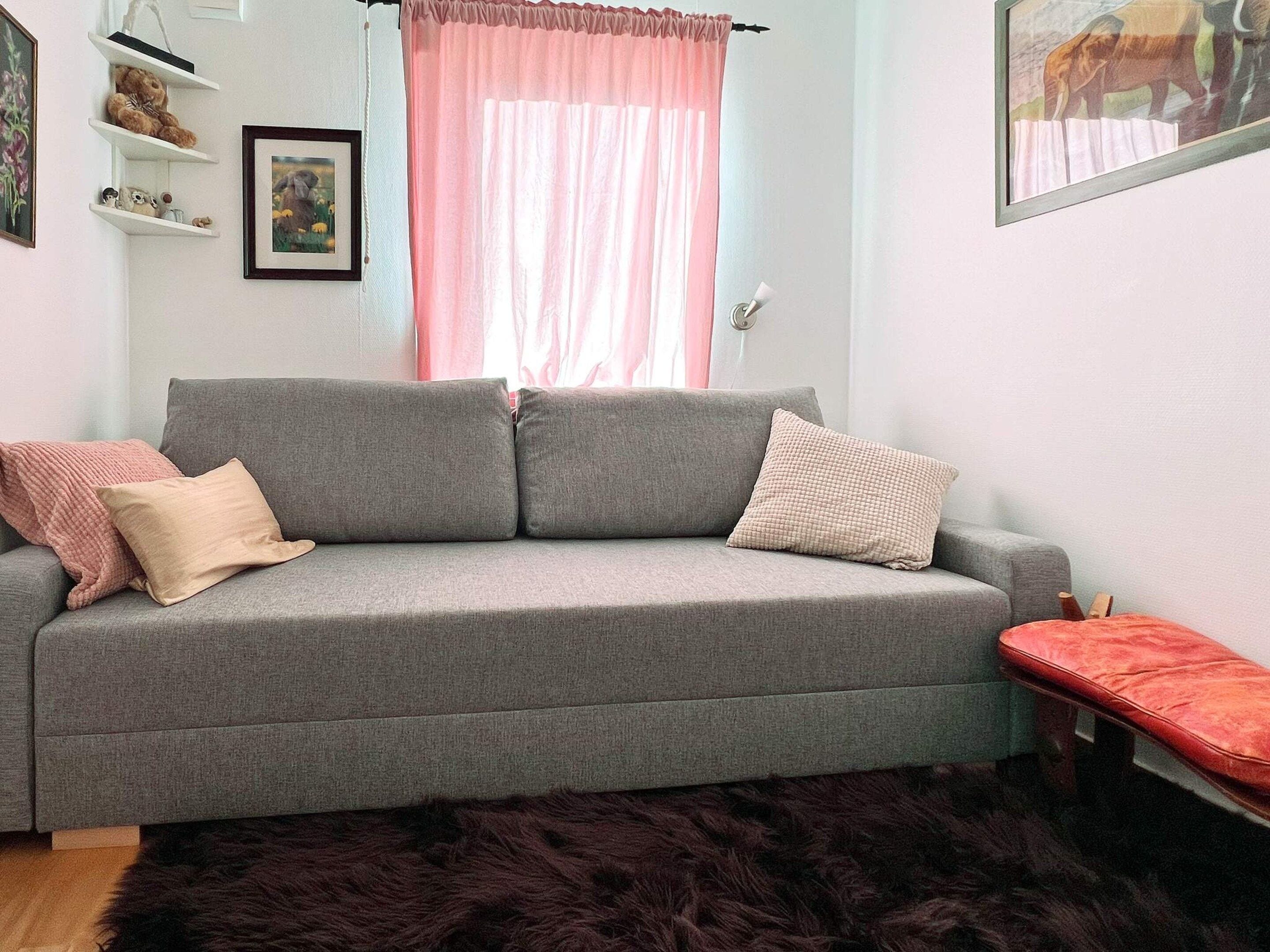 A grey sofa with two cushions, a small red bench, a furry rug, and a framed picture on the wall.