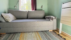 Una habitación con un sofá gris, un tapete estampado, una ventana con cortinas y un cuadro en la pared.
