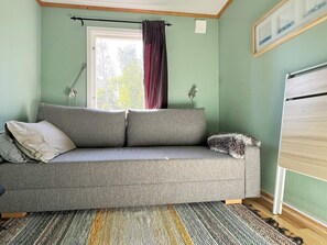 A room with a grey sofa, a patterned rug, a window with curtains, and a framed picture on the wall. - 4 Star Holiday Home in Sparreholm (Sparreholm)