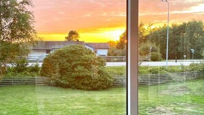 Een gazon met een grote struik, een hek en een gebouw op de achtergrond tijdens zonsondergang.