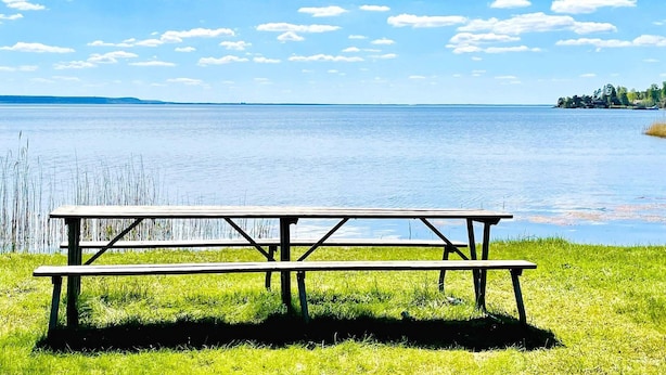 A picnic table by a lake with grassy banks and a distant shoreline. - 4 Star Holiday Home in Bralanda (Bralanda)