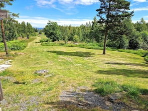 A grassy pathway leading through a forested area with trees and a clear sky.