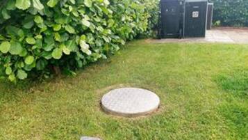 A grassy area with a circular manhole cover and a bush.