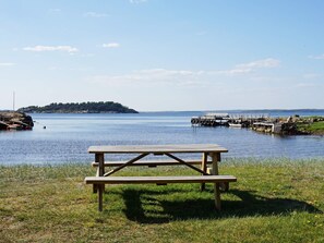 Mesa de piquenique numa área gramada, com vista para um corpo d'água calmo, um píer e uma pequena ilha ao longe.