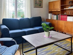 Een woonkamer met een blauwe bank, een bijzettafeltje met een plant, een boekenkast en een kamerkleed met een patroon.