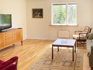 Un salon comprenant un téléviseur, un meuble en bois, un fauteuil, un canapé et une grande fenêtre donnant sur des arbres.
