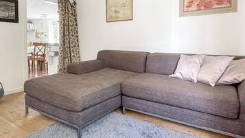 A living room with a grey sectional sofa, a blue rug, and a dining area in the background.