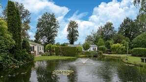 A serene pond with a fountain, surrounded by lush greenery and two houses. - Holiday Home in Overijssel Near Cap Fun Park (Rheezerveen)