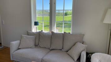 A living room with a beige sofa, a wooden coffee table, and a view of a green landscape through large windows.