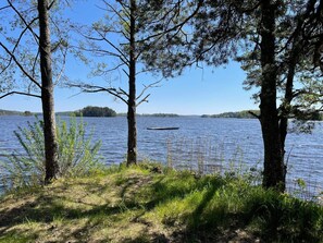 Une vue sur le lac, avec des arbres et un quai.