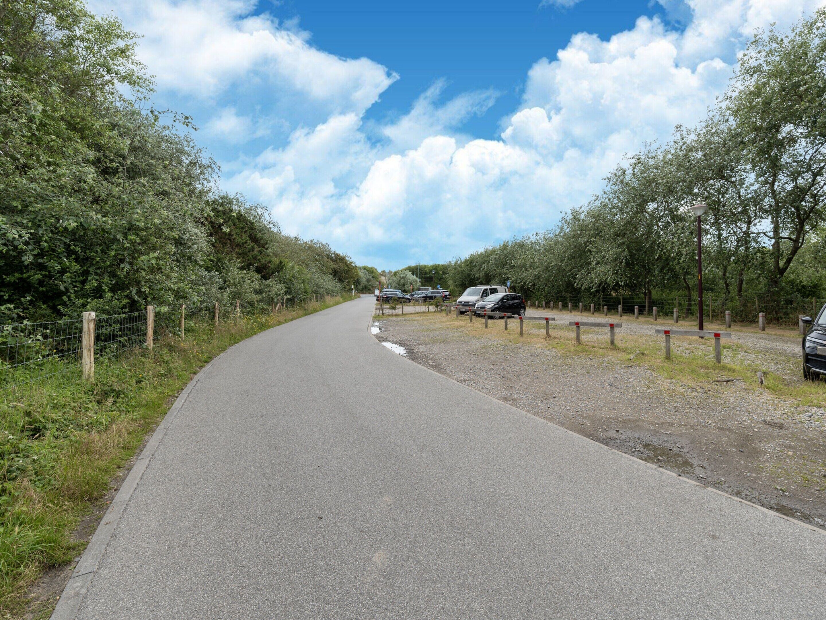 A paved road flanked by trees and a fence, leading to a parking area with cars.