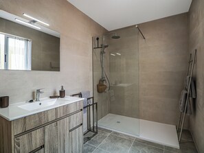 Shower, hair dryer, towels