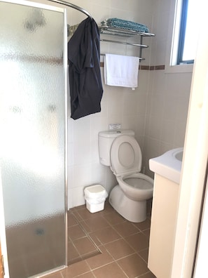 Shower, towels, soap, shampoo