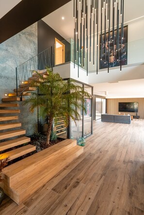 A modern interior with a wooden staircase, a large potted plant, and a flat-screen TV.