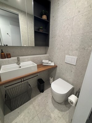 Regadera, secadora de cabello, toallas, jabón 