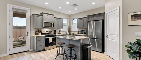 Fridge, microwave, oven, dishwasher