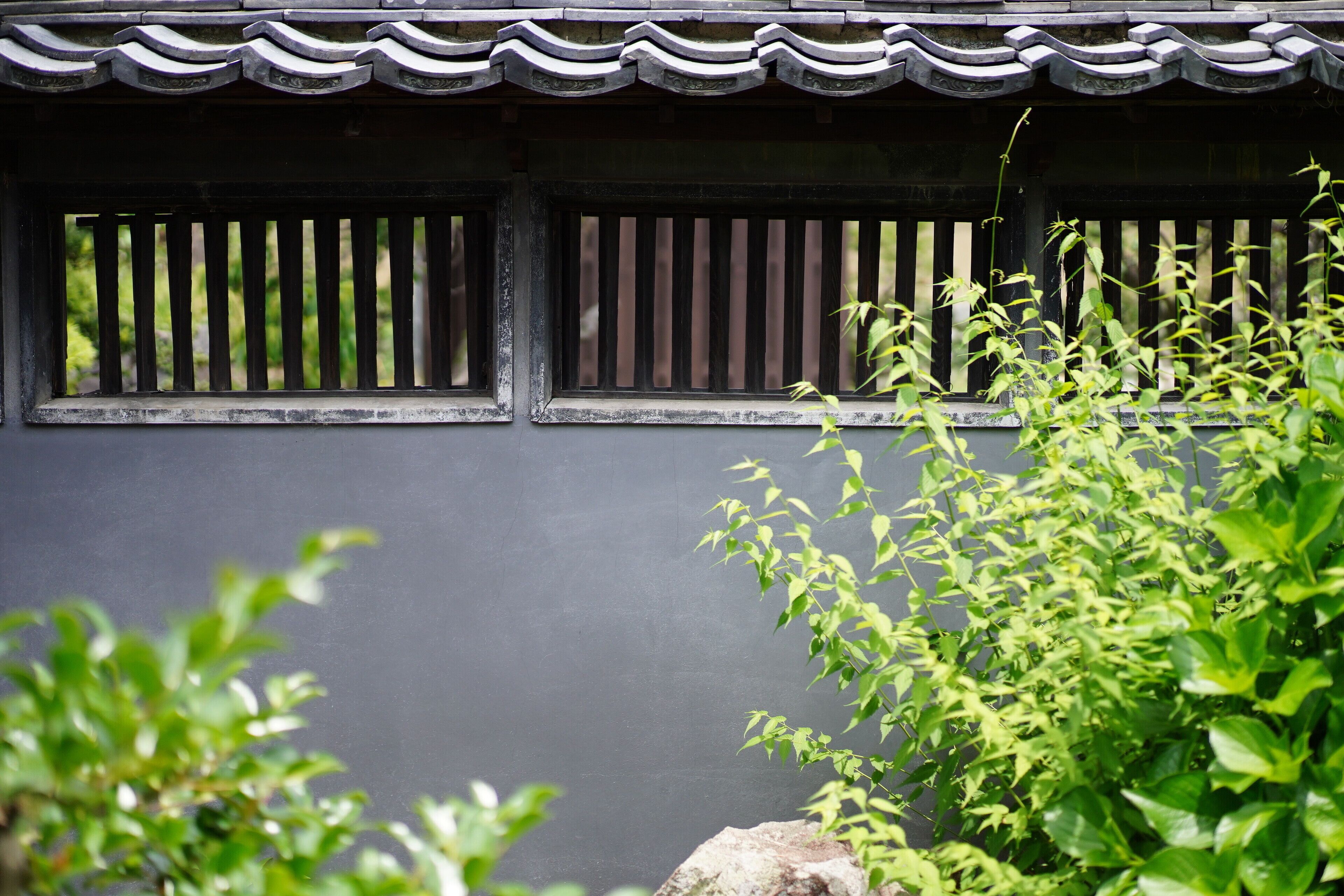 A traditional building facade with a dark wall and a tiled roof.