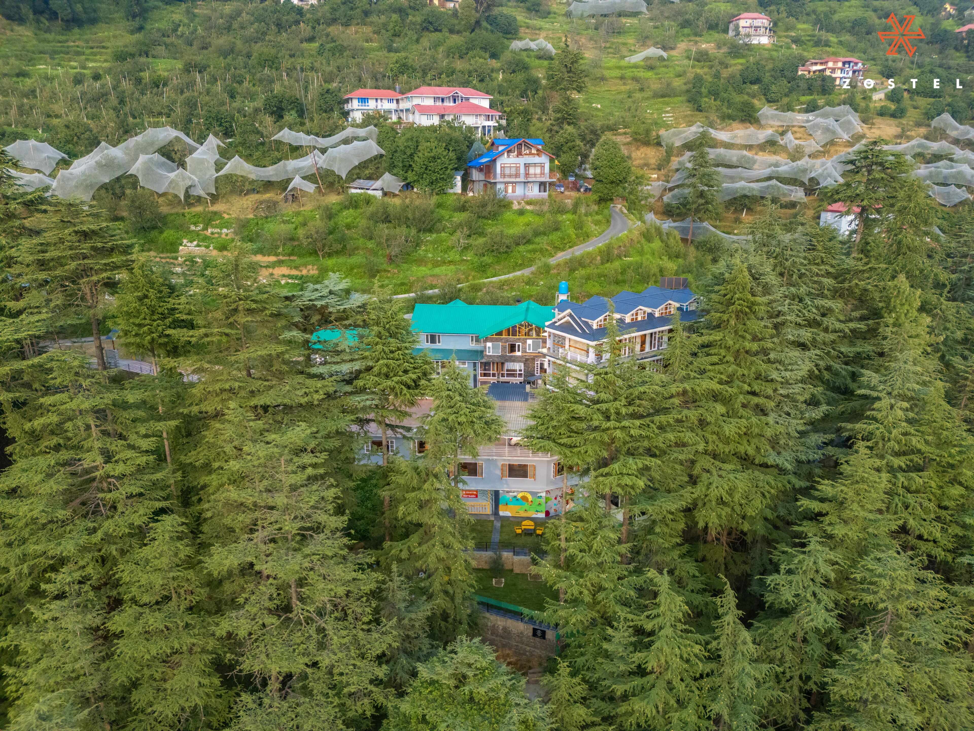 A large, multi-story building with a prominent blue roof, surrounded by dense forest.