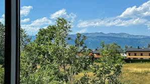 A view through a window of a house with a mountain backdrop, surrounded by greenery. - Sujadaro Refuge (Osséja)