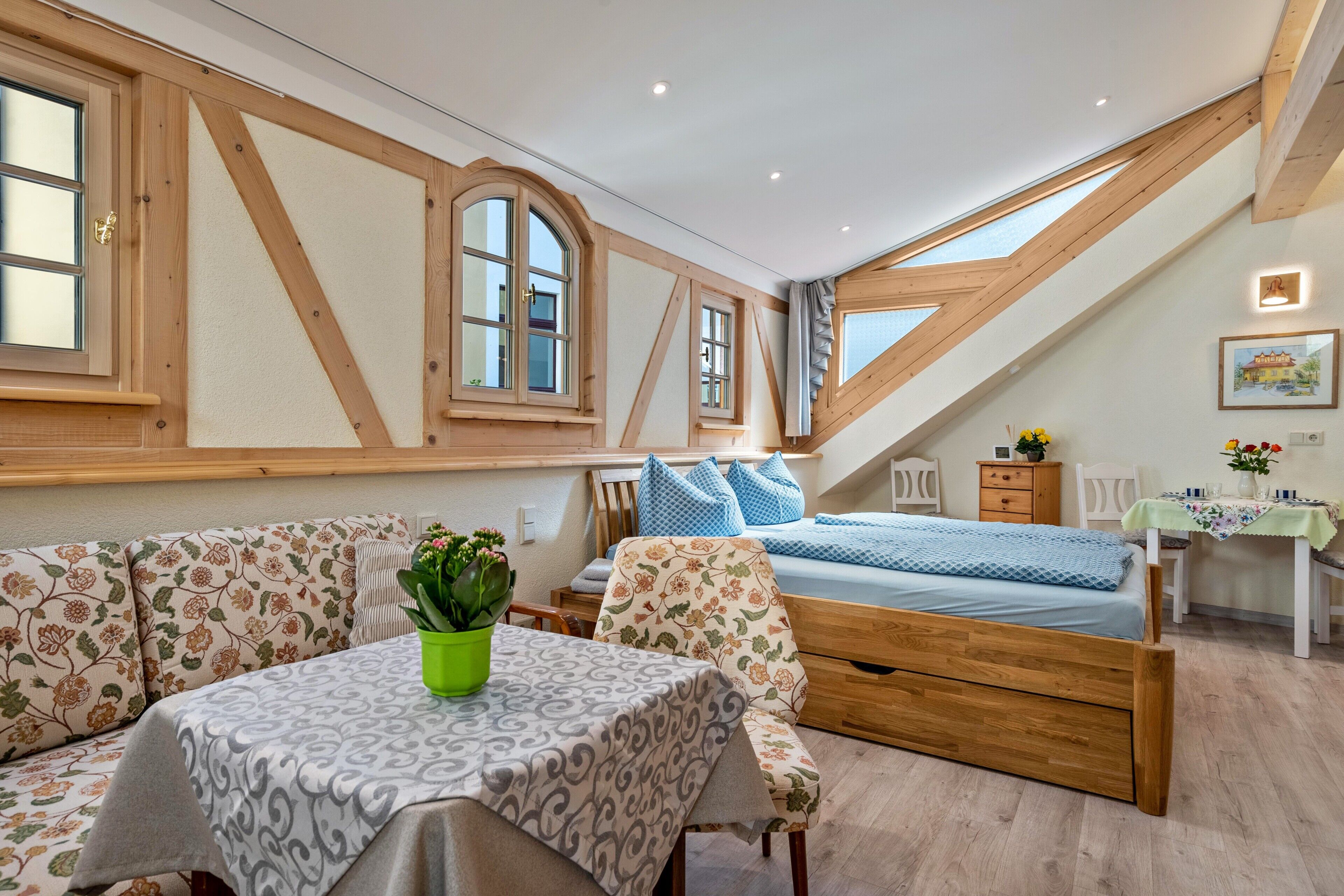 Ett sovrum med ett tak i loftstil, en säng, en soffa, ett matbord och en krukväxt.
