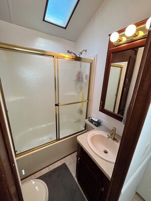 Hair dryer, towels, soap, toilet paper