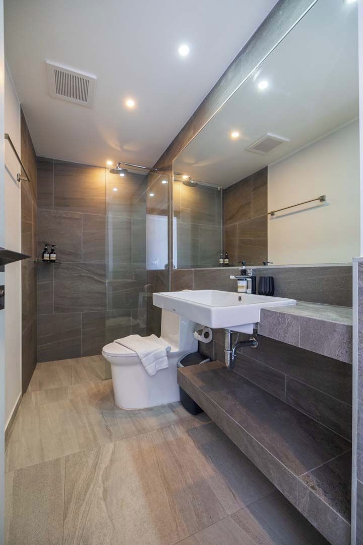 Une salle de bain moderne avec une douche à parois de verre, un lavabo blanc et un grand miroir.